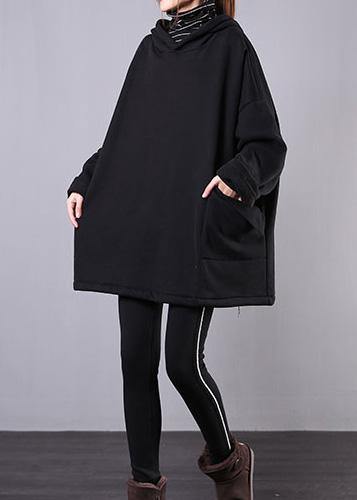 Style hooded pockets cotton clothes Sewing black blouses - SooLinen