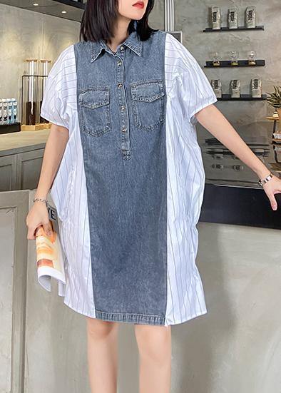 Style lapel quilting dresses Runway white striped patchwork denim Dresses - SooLinen