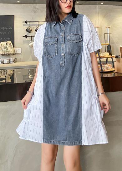 Style lapel quilting dresses Runway white striped patchwork denim Dresses - SooLinen