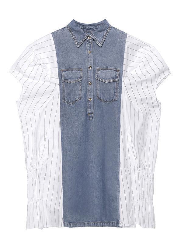 Style lapel quilting dresses Runway white striped patchwork denim Dresses - SooLinen