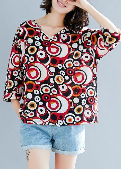 Style v neck cotton shirts Work Outfits red prints top summer - SooLinen