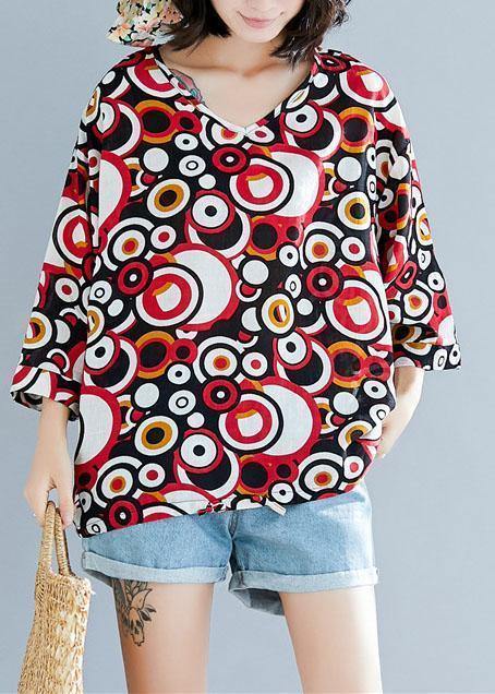 Style v neck cotton shirts Work Outfits red prints top summer - SooLinen