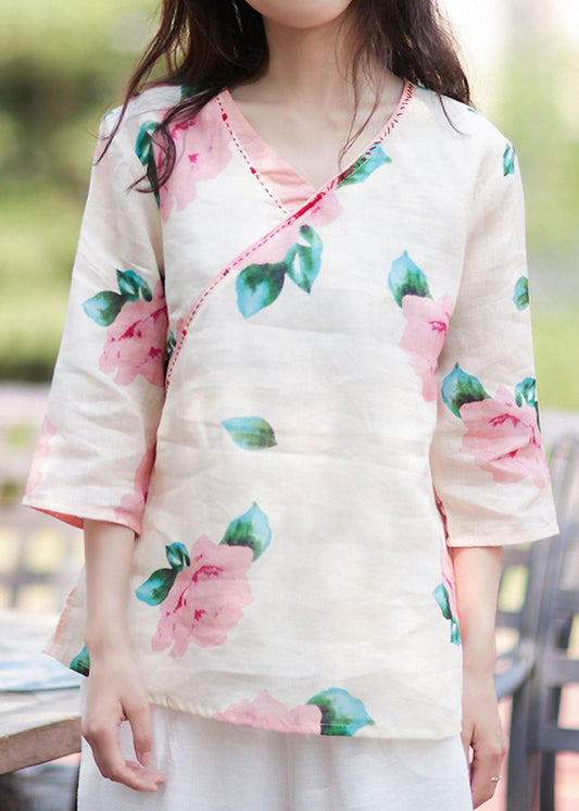 Style v neck linen tunic design pink print blouse - SooLinen