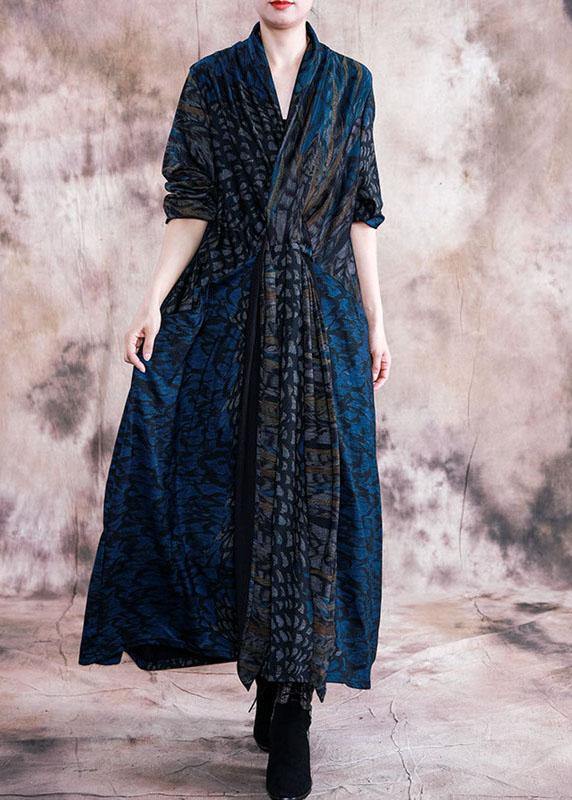 Style v neck pockets Outfits blue print loose Dress fall - SooLinen