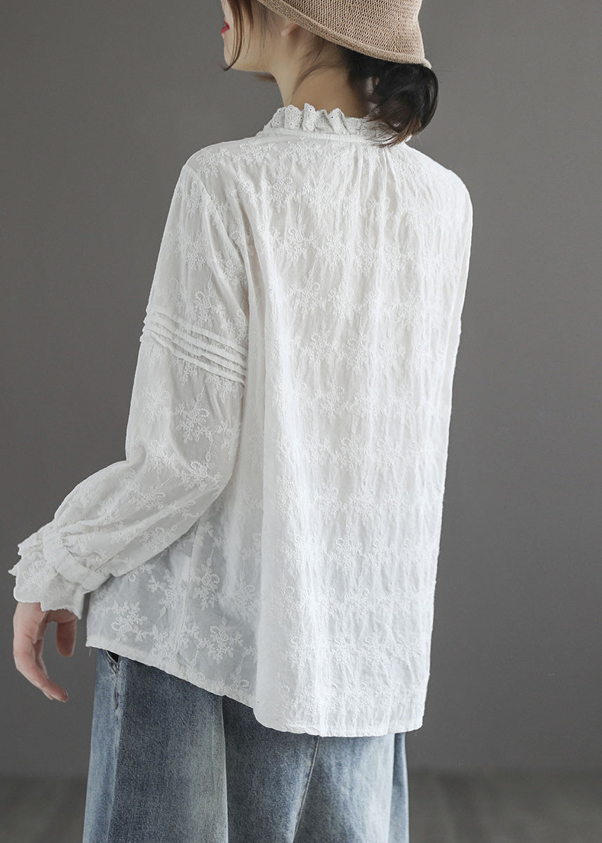 Stylish Apricot Ruffled Button Cotton Blouse Tops Long Sleeve