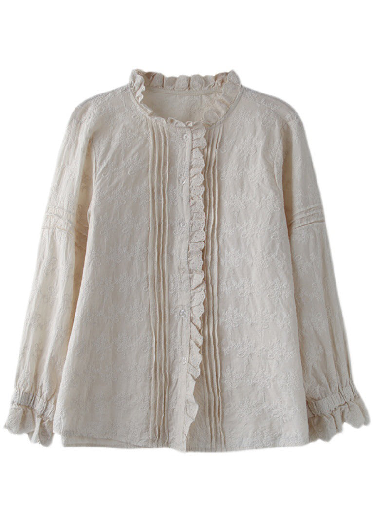 Stylish Apricot Ruffled Button Cotton Blouse Tops Long Sleeve