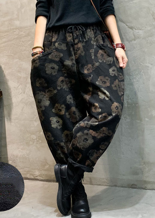 Stylish Black Cinched Floral Pockets denim Pants Winter