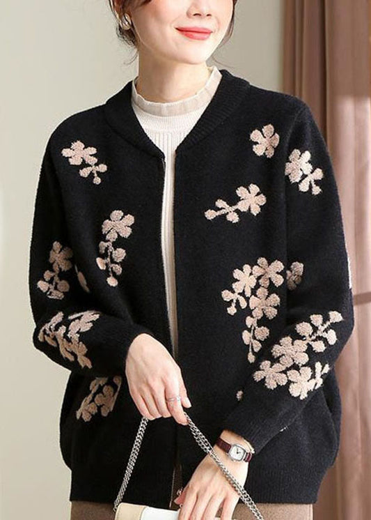 Stylish Black O-Neck Embroideried Teddy Knitted Coat Long Sleeve