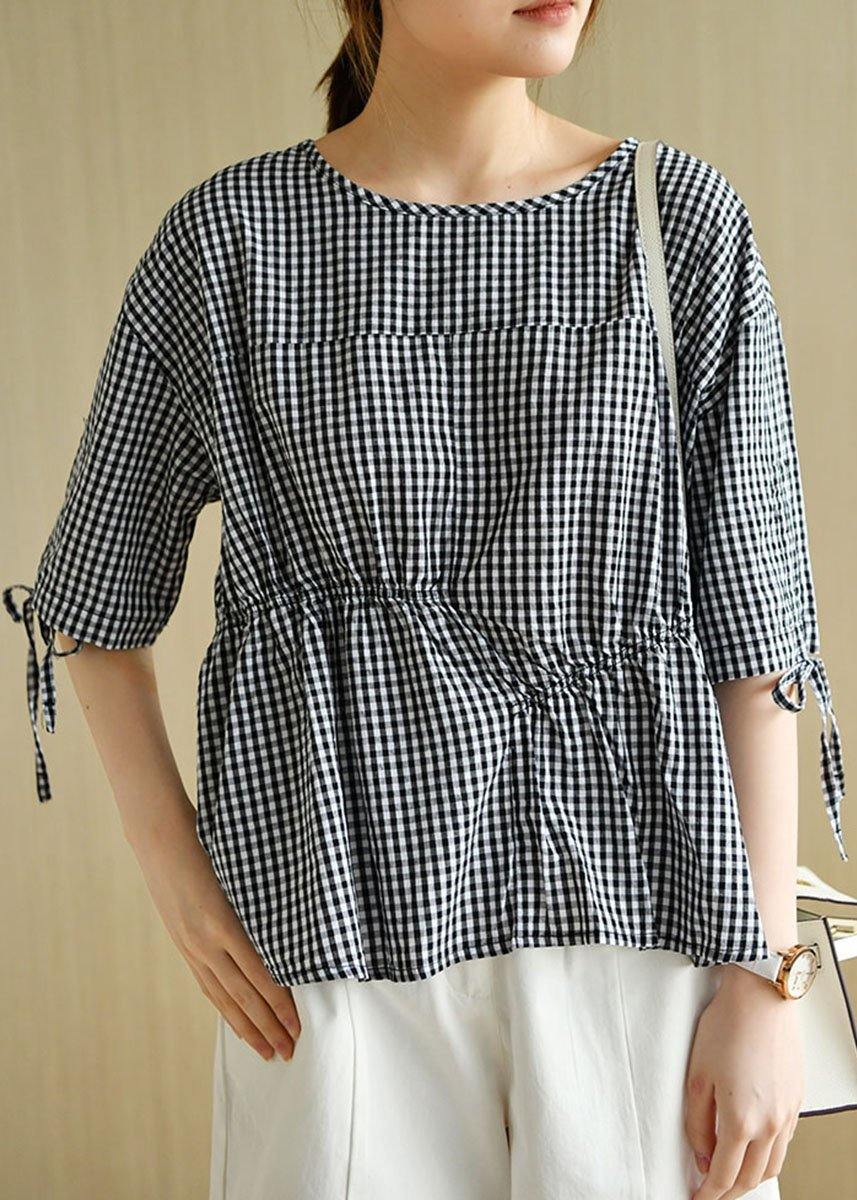 Stylish Black Plaid O-Neck Asymmetrical Design Summer Tops Half Sleeve - SooLinen