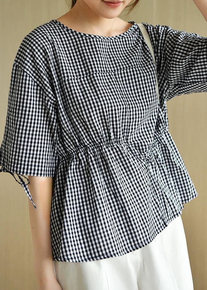 Stylish Black Plaid O-Neck Asymmetrical Design Summer Tops Half Sleeve - SooLinen