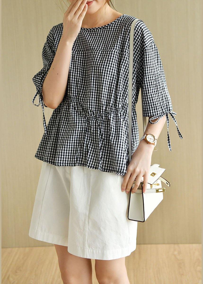 Stylish Black Plaid O-Neck Asymmetrical Design Summer Tops Half Sleeve - SooLinen