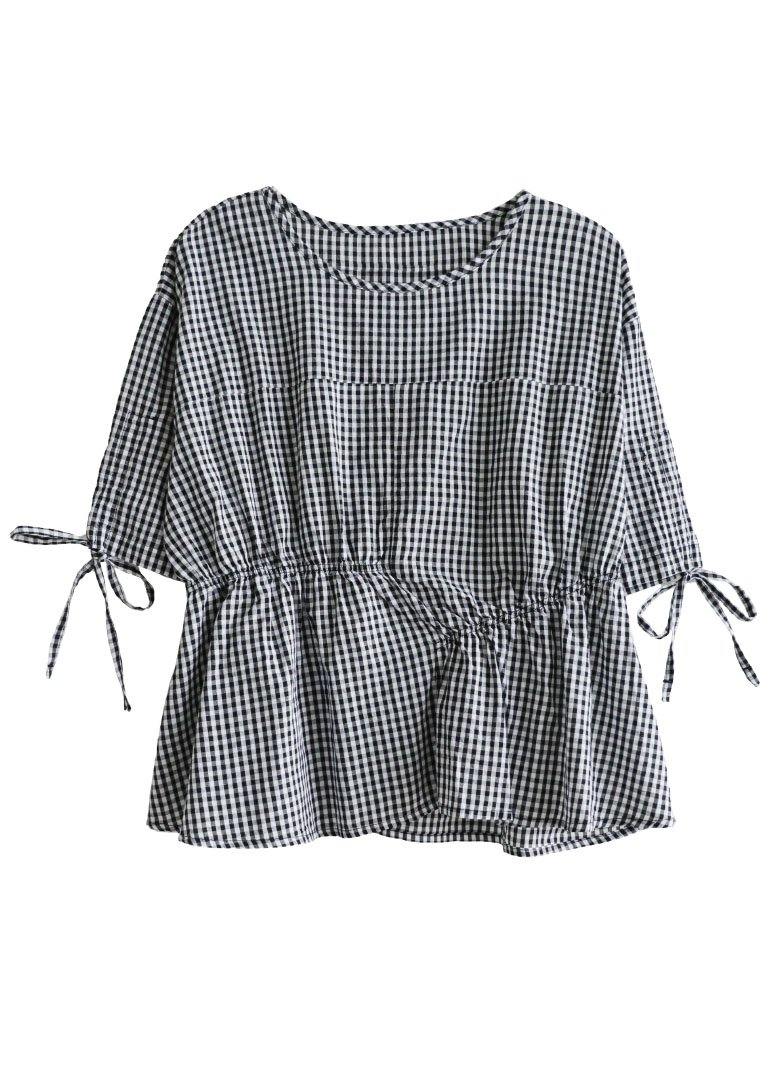 Stylish Black Plaid O-Neck Asymmetrical Design Summer Tops Half Sleeve - SooLinen