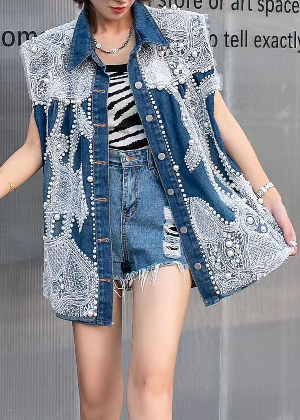 Élégant bleu brodé à ongles Patchwork Patchwork Denim Gest Tops Sans manches