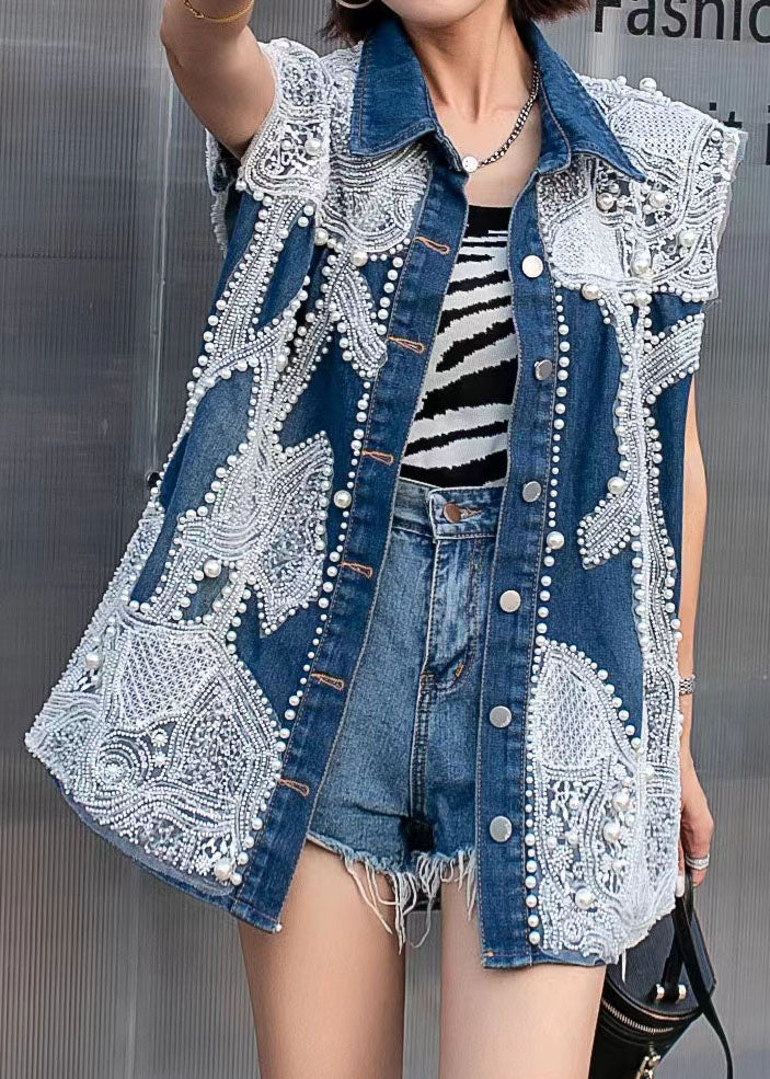 Élégant bleu brodé à ongles Patchwork Patchwork Denim Gest Tops Sans manches