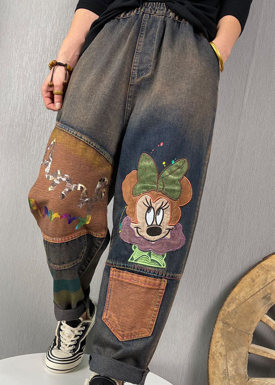 Élégant pantalon en jean de patchwork brodé bleu élégant