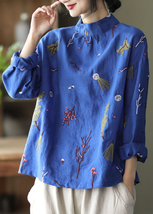 Stylish Blue Embroideried retro Linen Blouse Tops Spring