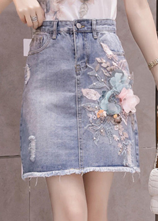 Élégant blue floral patchwork haute jupe en denim perle