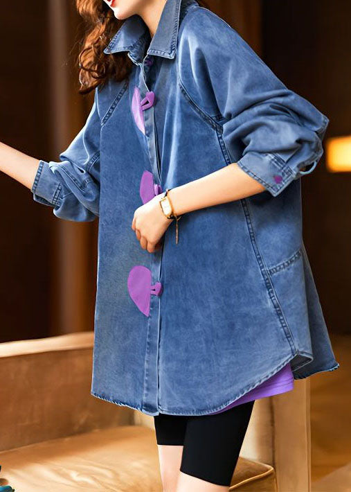 Stylish Blue Heart Button Patchwork Denim Shirts Tops Spring