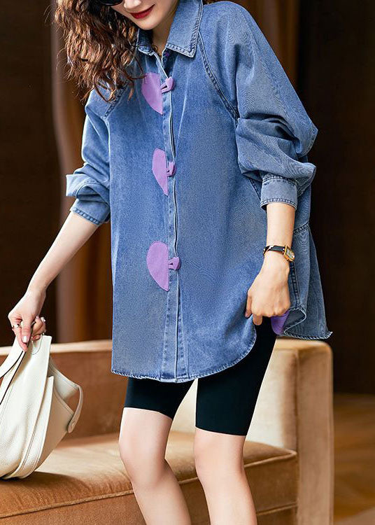 Stylish Blue Heart Button Patchwork Denim Shirts Tops Spring