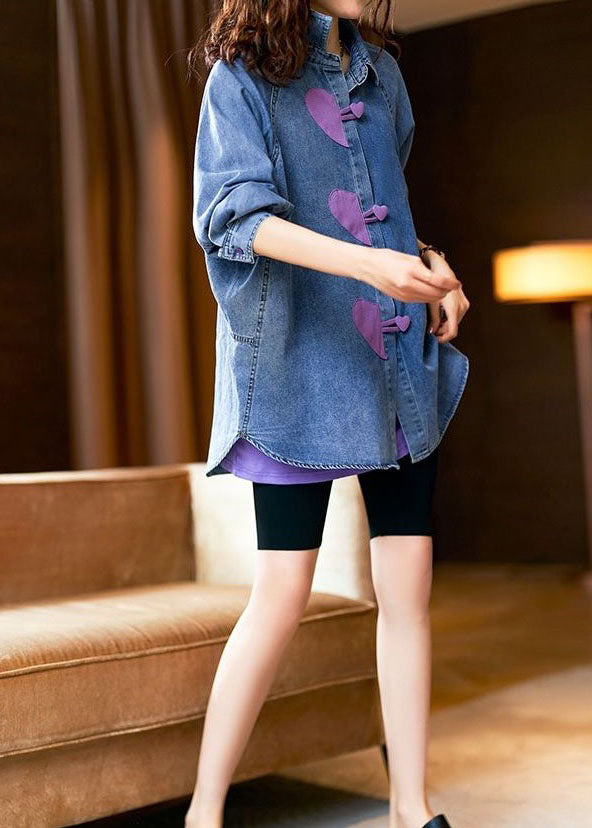 Stylish Blue Heart Button Patchwork Denim Shirts Tops Spring