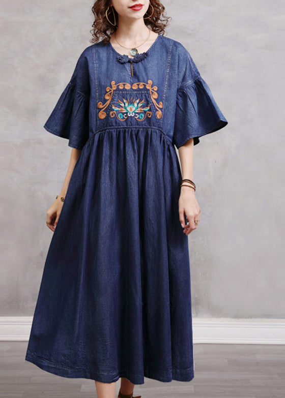 Élégant bleu O Neck Cinched Broideried Cotton Denim Robes Butterfly Sleeve