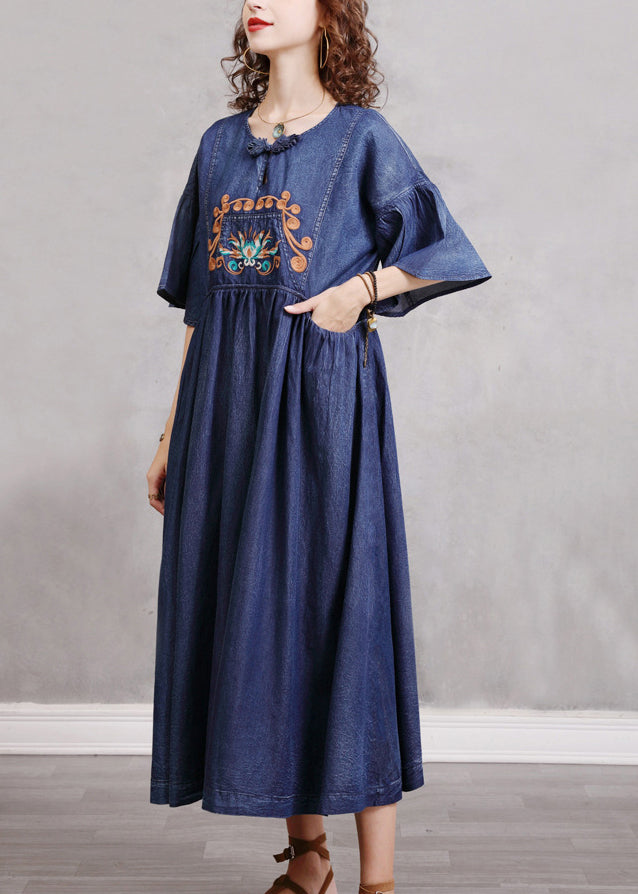 Élégant bleu O Neck Cinched Broideried Cotton Denim Robes Butterfly Sleeve