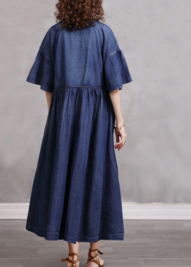 Élégant bleu O Neck Cinched Broideried Cotton Denim Robes Butterfly Sleeve