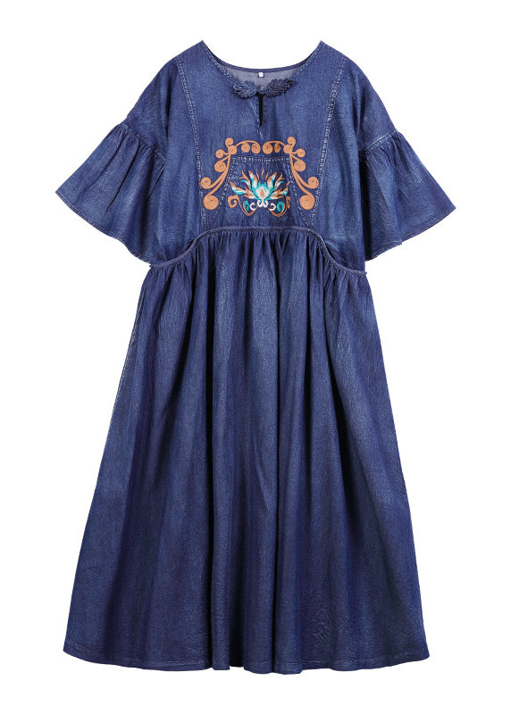 Élégant bleu O Neck Cinched Broideried Cotton Denim Robes Butterfly Sleeve