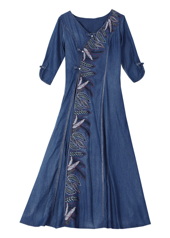 Élégant feuille de cou bleu en V Broideried Cotton Denim Robe Maxi Half Mancheve