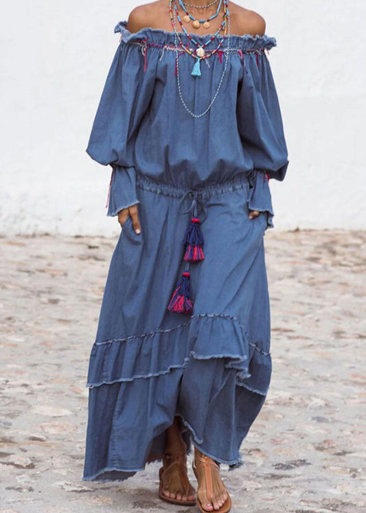 Patchwork bleu élégant Patchwork DrawString Denim Robe Lantern Sleeve