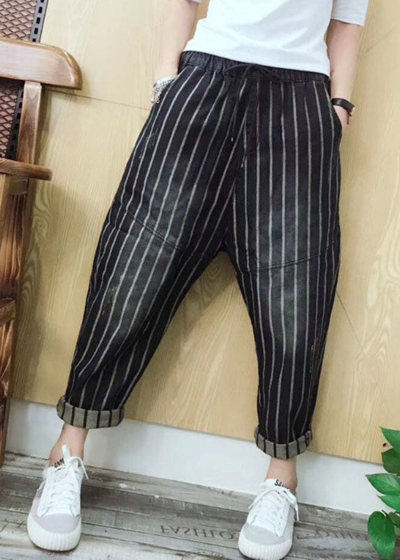 Stylish Casual elastic Waist Pockets Striped Fall Denim Pants