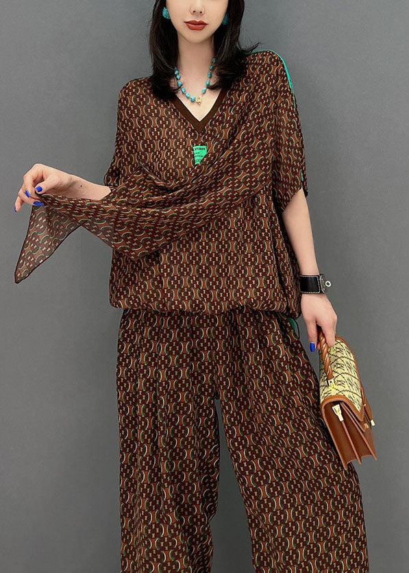 Stylish Chocolate Asymmetrical Design Print Chiffon Two Piece Set Women Clothing Fall