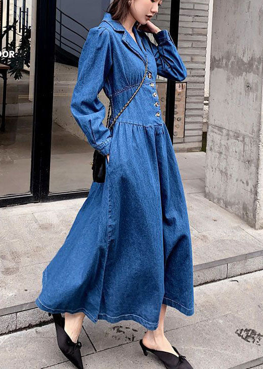 Élégant denim Blue Cinched Patchwork Elastic Robes Long Robes Spring