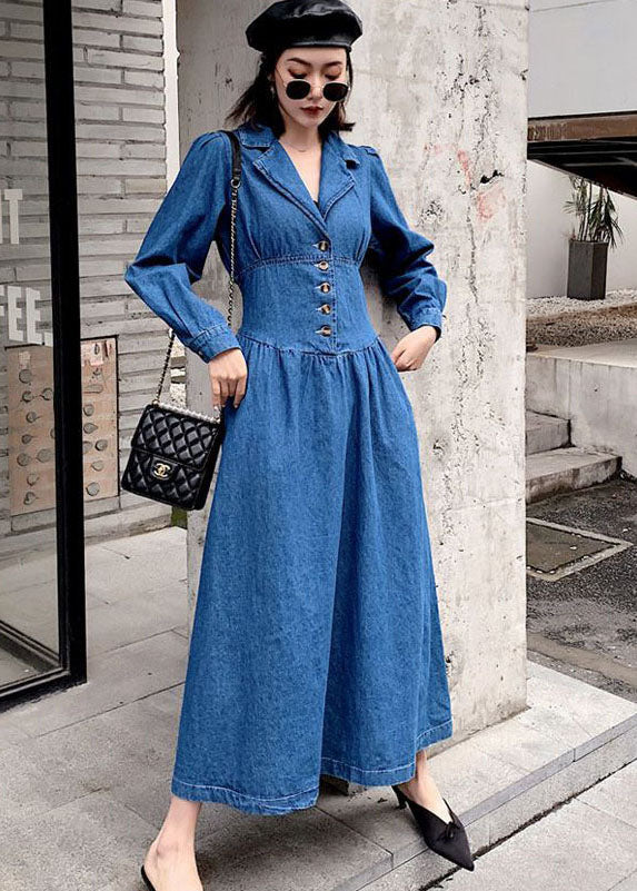 Élégant denim Blue Cinched Patchwork Elastic Robes Long Robes Spring