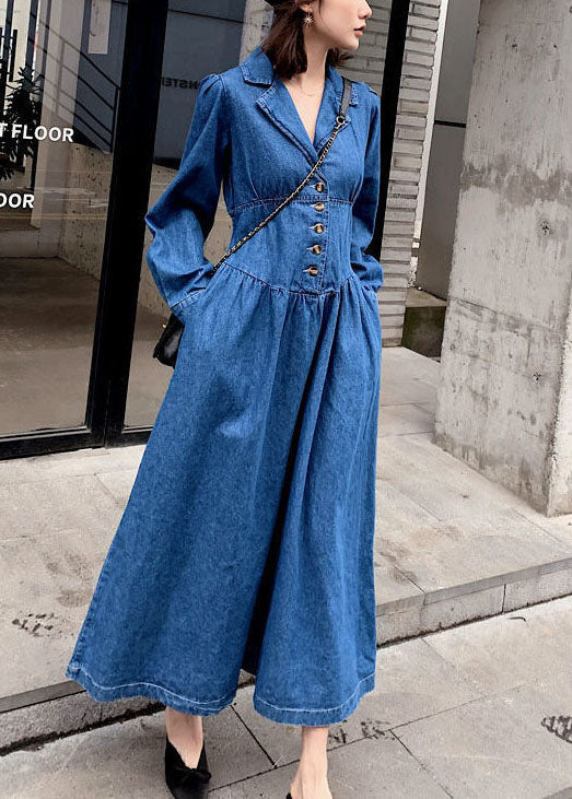 Élégant denim Blue Cinched Patchwork Elastic Robes Long Robes Spring