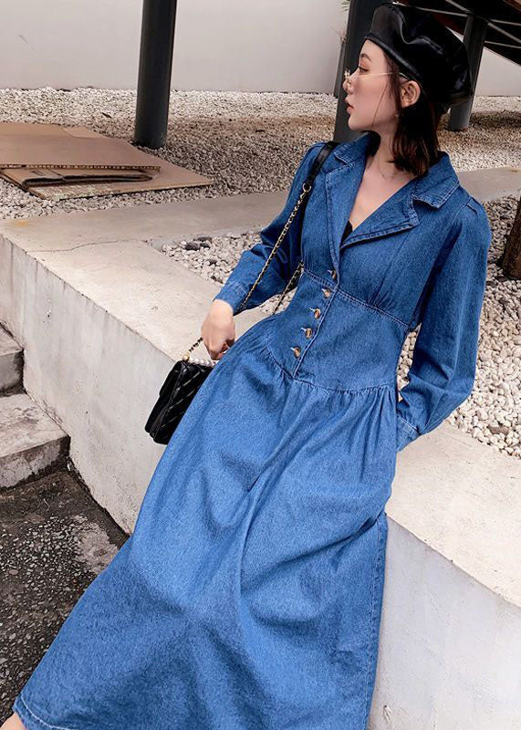 Élégant denim Blue Cinched Patchwork Elastic Robes Long Robes Spring