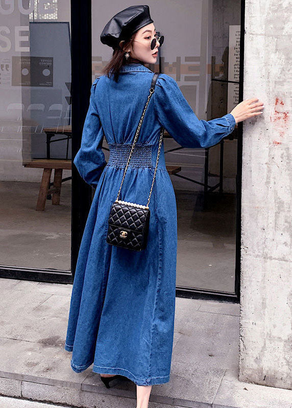 Élégant denim Blue Cinched Patchwork Elastic Robes Long Robes Spring