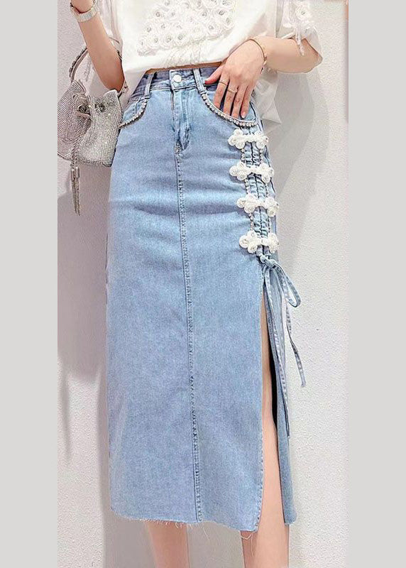 Élégant denim bleu patchwork haute jupe maxi