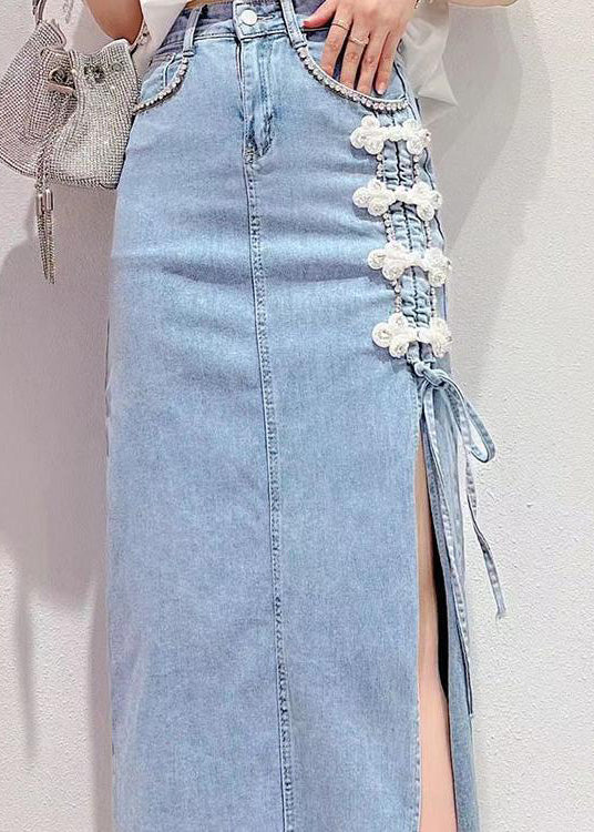 Élégant denim bleu patchwork haute jupe maxi