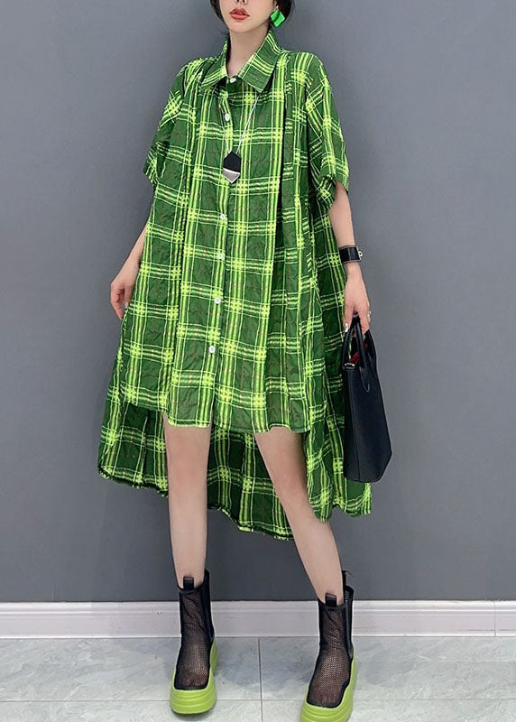 Stylish Green Plaid Peter Pan Collar Patchwork Cotton Shirts Dress Summer