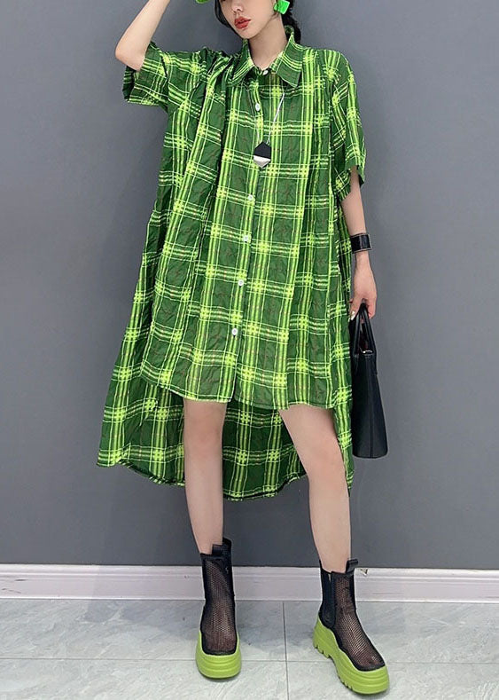 Stylish Green Plaid Peter Pan Collar Patchwork Cotton Shirts Dress Summer