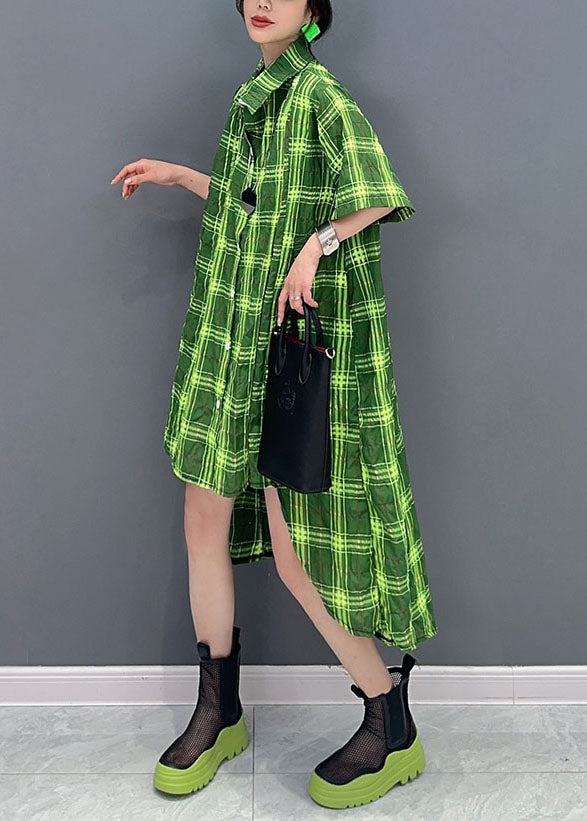 Stylish Green Plaid Peter Pan Collar Patchwork Cotton Shirts Dress Summer