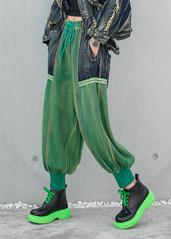 Stylish Green Pockets Patchwork Drawstring Harem Pants Spring