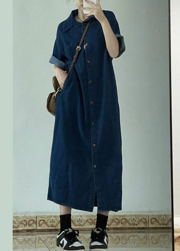 Stylish Navy Peter Pan Collar Patchwork Denim Shirts Dress Summer