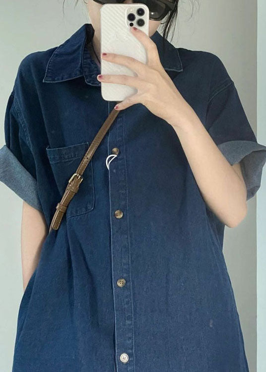 Stylish Navy Peter Pan Collar Patchwork Denim Shirts Dress Summer