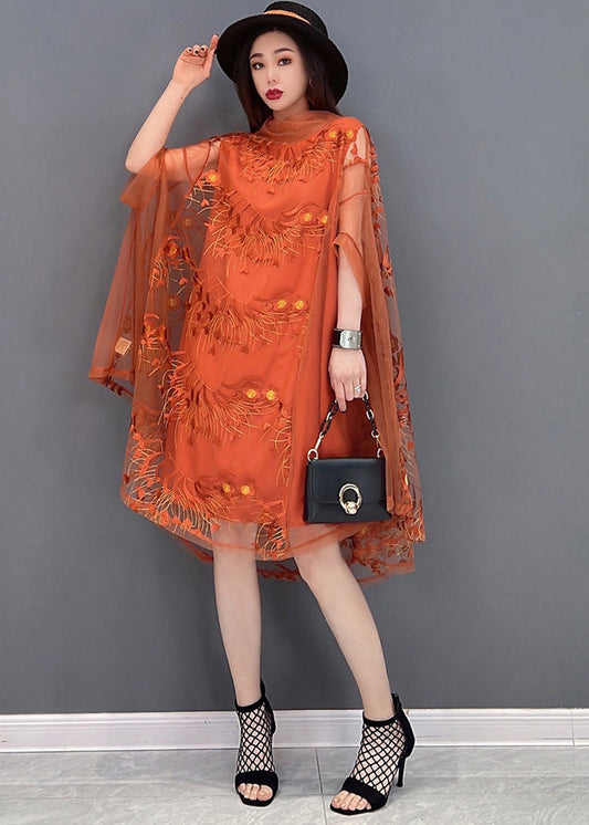 Élégant orange brodé de tortue en tulle upf 50+ robe Batwing Sleeve