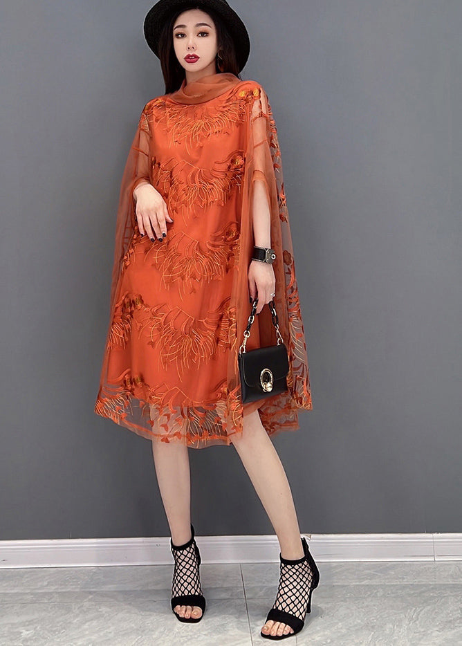 Élégant orange brodé de tortue en tulle upf 50+ robe Batwing Sleeve