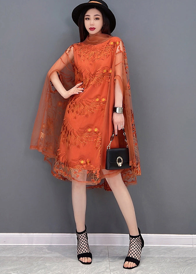 Élégant orange brodé de tortue en tulle upf 50+ robe Batwing Sleeve