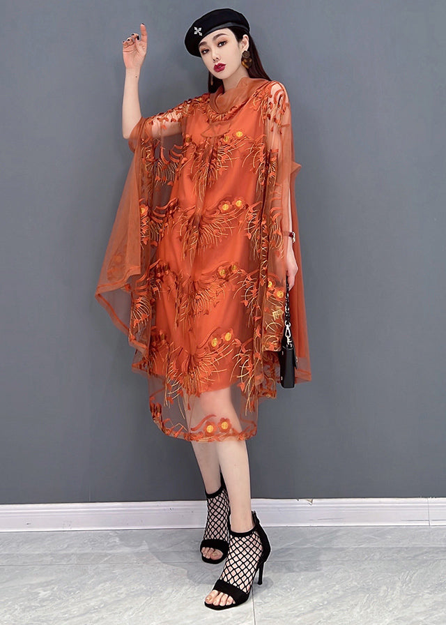 Élégant orange brodé de tortue en tulle upf 50+ robe Batwing Sleeve