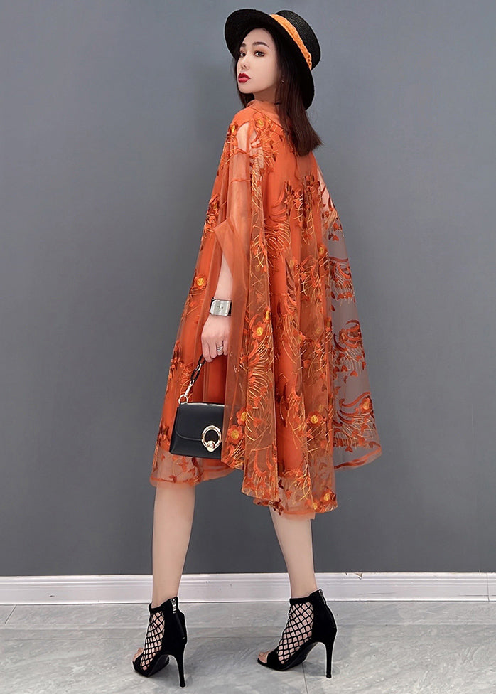 Élégant orange brodé de tortue en tulle upf 50+ robe Batwing Sleeve